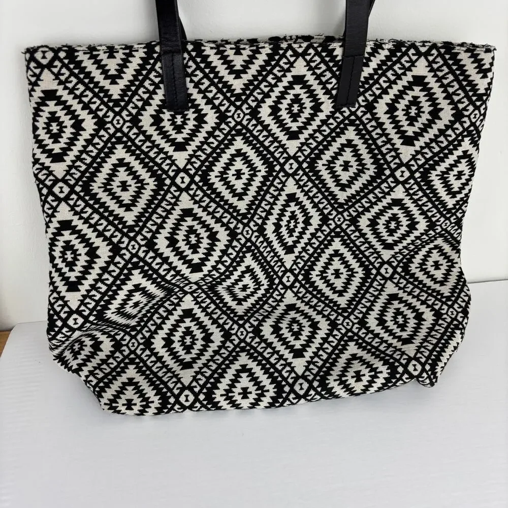 Lucky Brand Aztec Boho Tote Bag Purse Black White Leather Straps large
